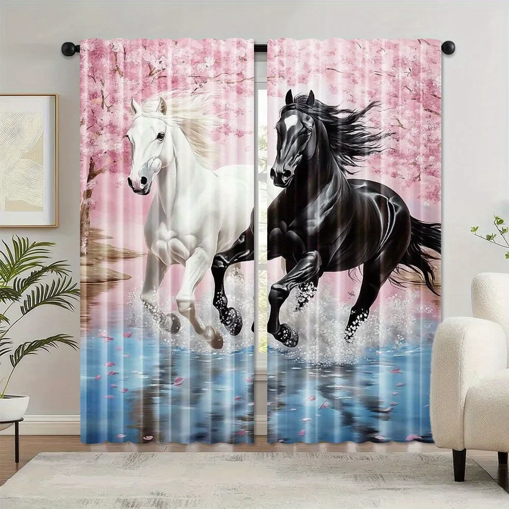 Romantic Horse Curtain Panels, Galloping Black White Horse Cherry Blossom Water Scene Elegant Art Print Drapes for Bedroom Decor