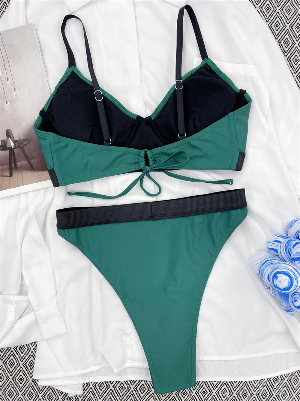 Sexy Sling Bikini Green Swimsuit Push Up Bra High Waist Splicing Swimwear 2-częściowy damski brazylijski strój kąpielowy plażowy Bikini Set