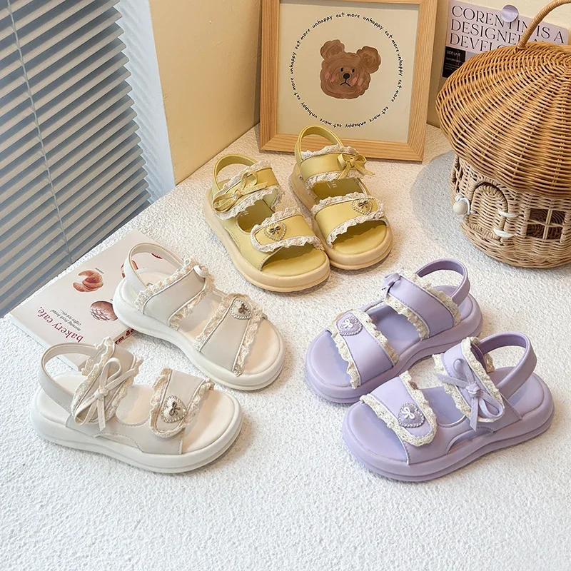 

2025 Summer New Girls Princess Sandals Candy Color Kids Beach Shoes Open Toes with Sweet Bow-knot Fashion Heart Design Classic