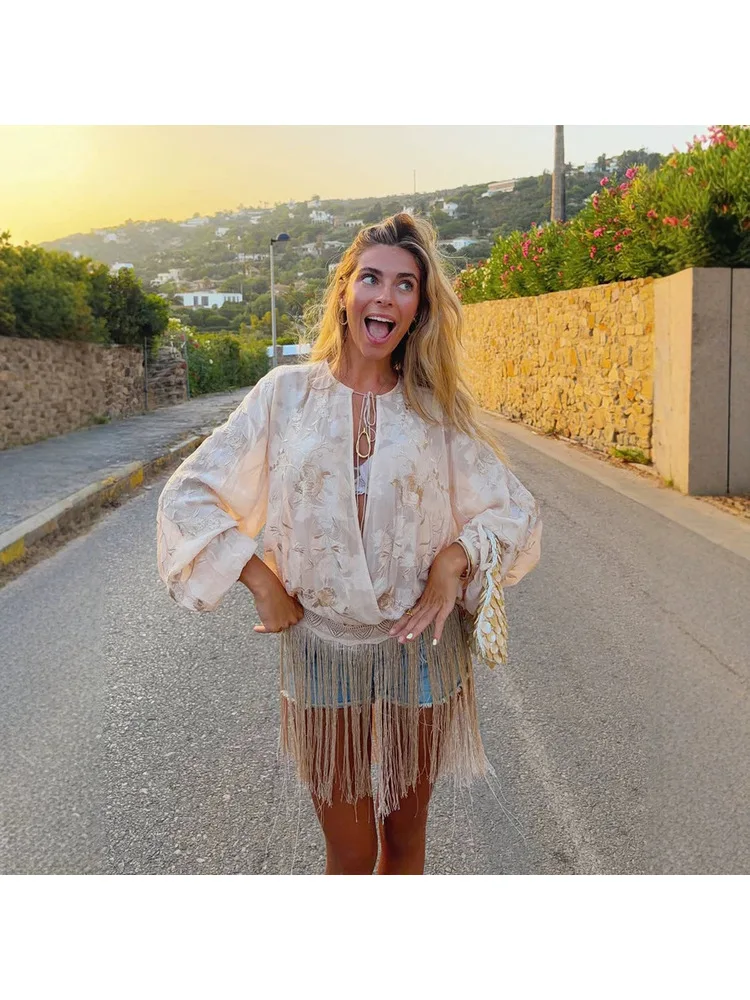 QICHE 2026 Summer Women Bohemian Cover‑Up Top Deep V Neck Embroidery Fringe Hem Blouse European American Style Shirt view 3