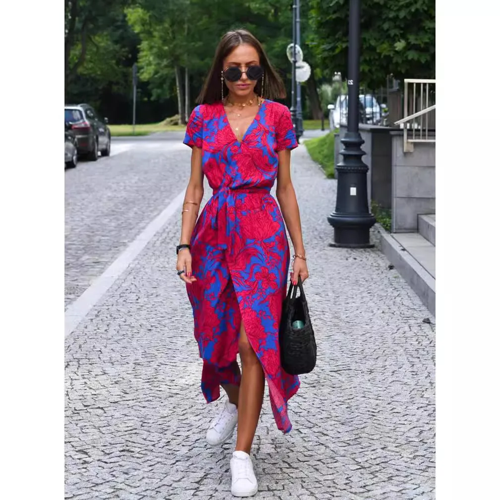 صيف 2023 Ele مطبوعة ort Sve V-Ne Long Dr Women's Faion Cross-Border Wi Dr مادة البوليستر