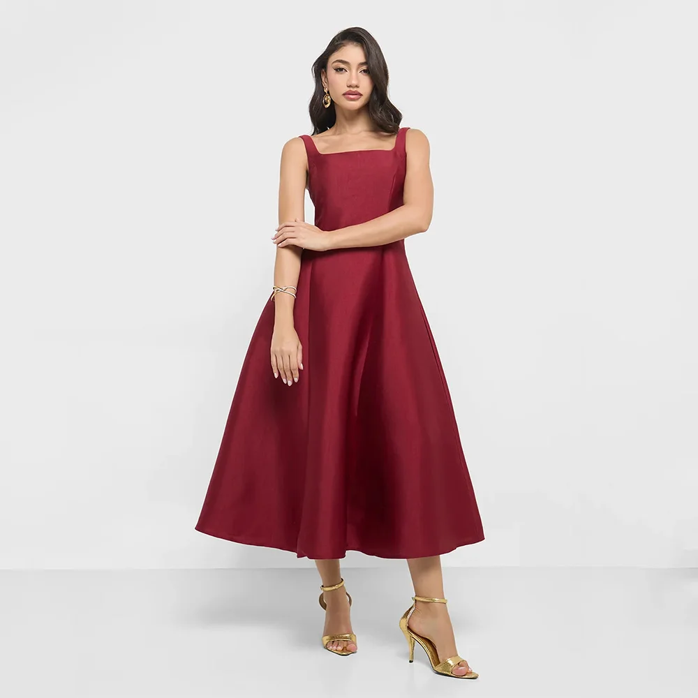 

Midi Cocktail Dress Tea Length Tank Square Collar Sleeveless Simple Prom Gowns for Women Burgundy Satin A Line Cocktail Dresses