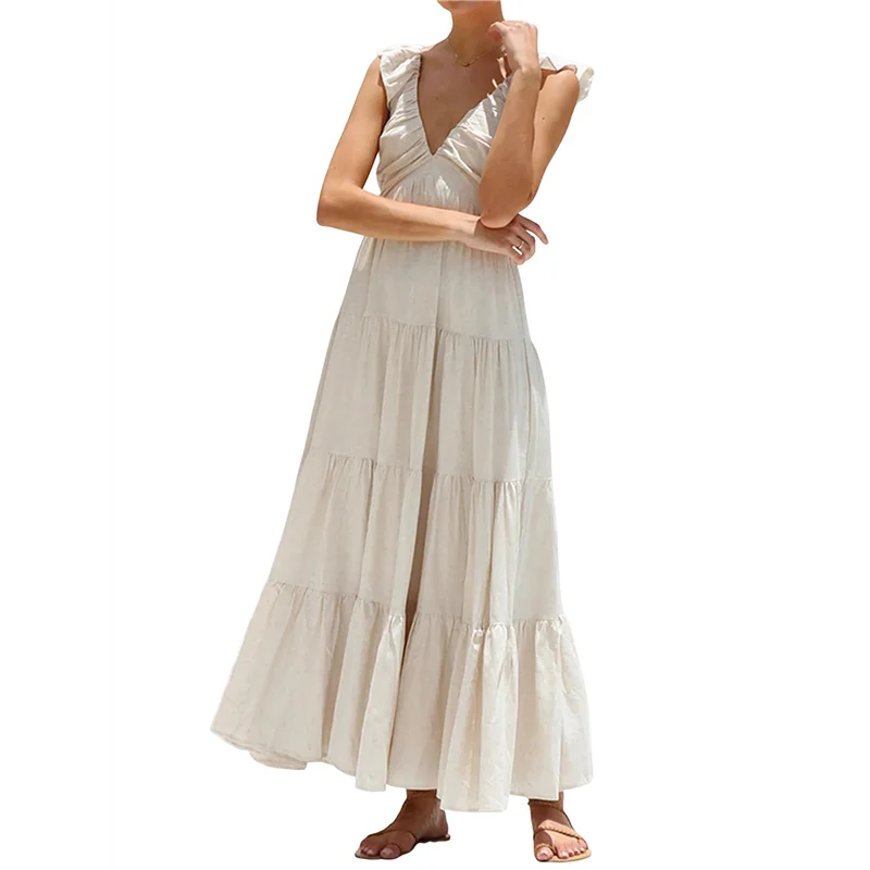 AG-Abito lungo fluido estivo da donna, casual, senza maniche, con scollo a V, smock, prendisole da spiaggia