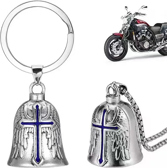 Motorcycle Guardian Bell Keychain Retro Punk Angel Wing Cross Lucky Charm Stainless Steel Metal Pendant Biker Amulet Accessories view 3
