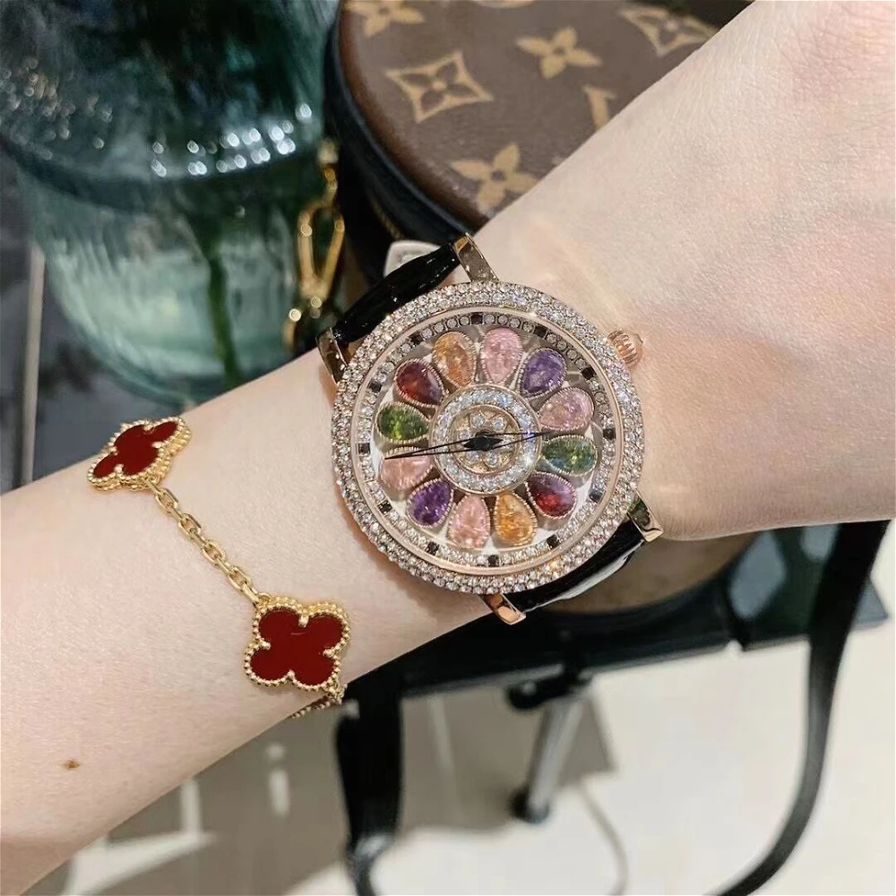 The Time Rotating Watch Dimini Large Dial Women Watches Starry Full Diamond Rhinestone Leather Strap Fashion Women\'s Watch
