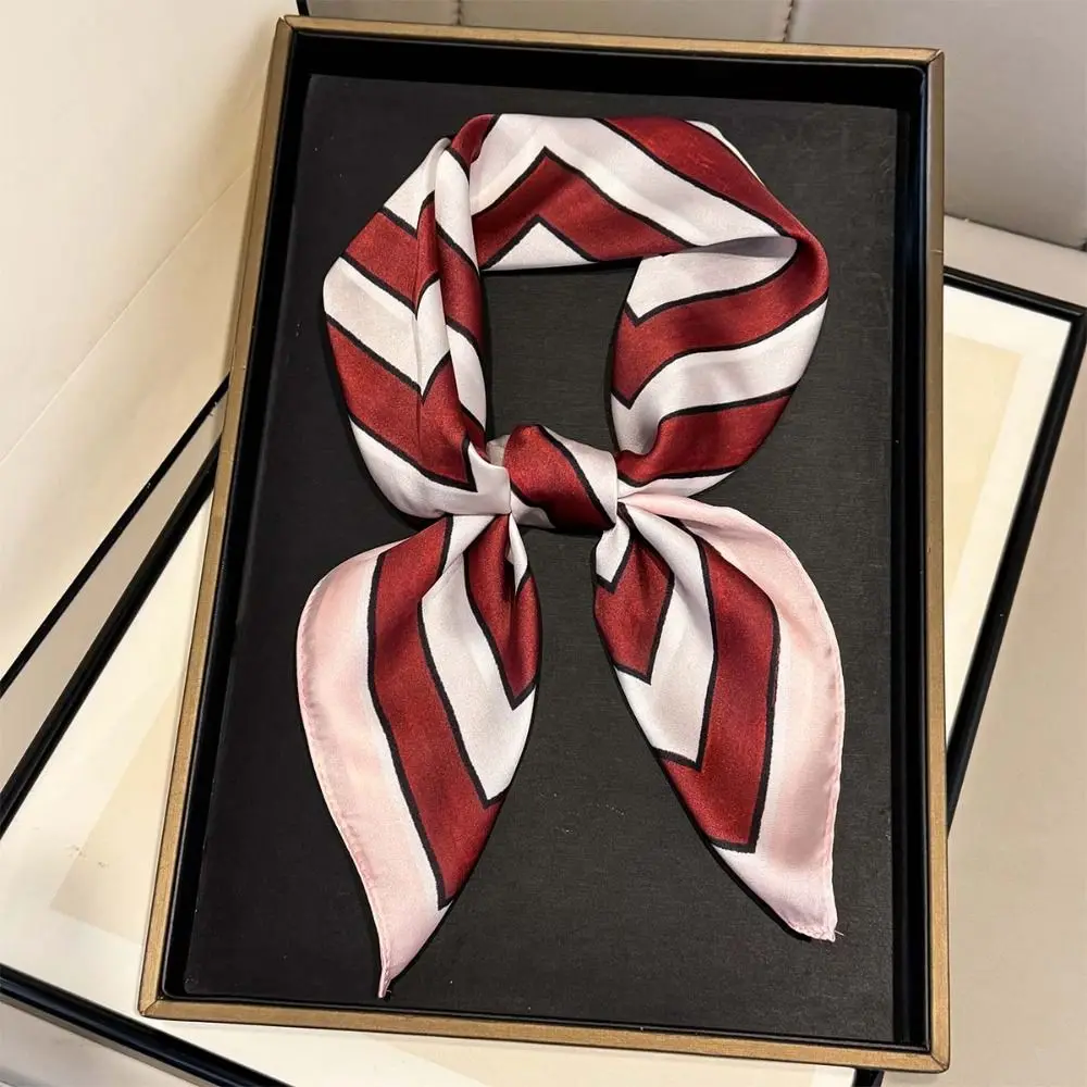 Geometric Stripes Print Silk Square Scarfs Soft Square Shape Women Scarfs Print Design Stripes Pattern Silk Scarf Daily Wear