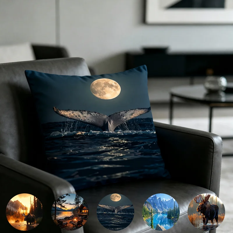 1PC natural scenery single-sided printed whale tail full moon night view pillowcase photography style home decoration pillowcase