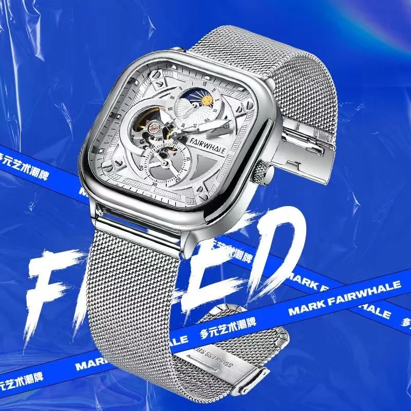 

Luxury Men's Automatic Watch with Milanese Strap Square Dial Mechanical Wristwatch with Moon Phase Fashion Boy Reloj