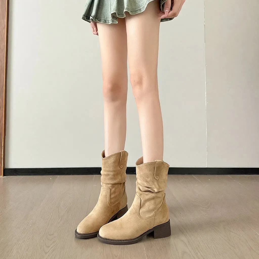 

Western Style Thick Heel Mid-Calf Boots Women's Short Boots Autumn Winter Office PU Leather Sheepskin Closure Rubber Sole