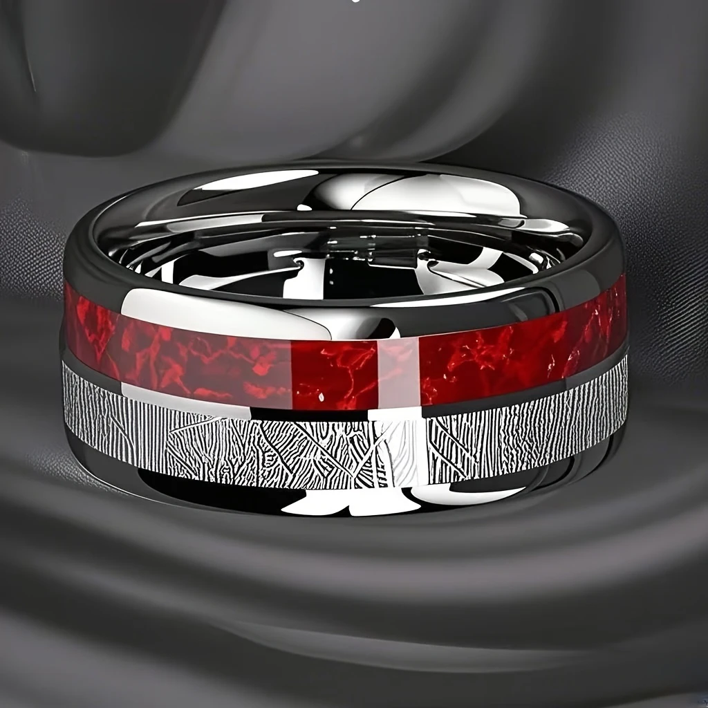 Fashion 8mm Silver Color With Red Opal & Meteorite Inlay Rings Men Stainless Steel Ring for Men Women Wedding Party Jewelry