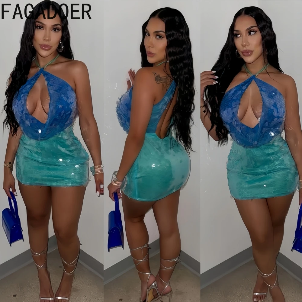 

FAGADOER Sexy Sequins Patchwork Bodycon Mini Dresses Women Halter Deep V-neck Backless Dress Female Streetwear Vestidos New
