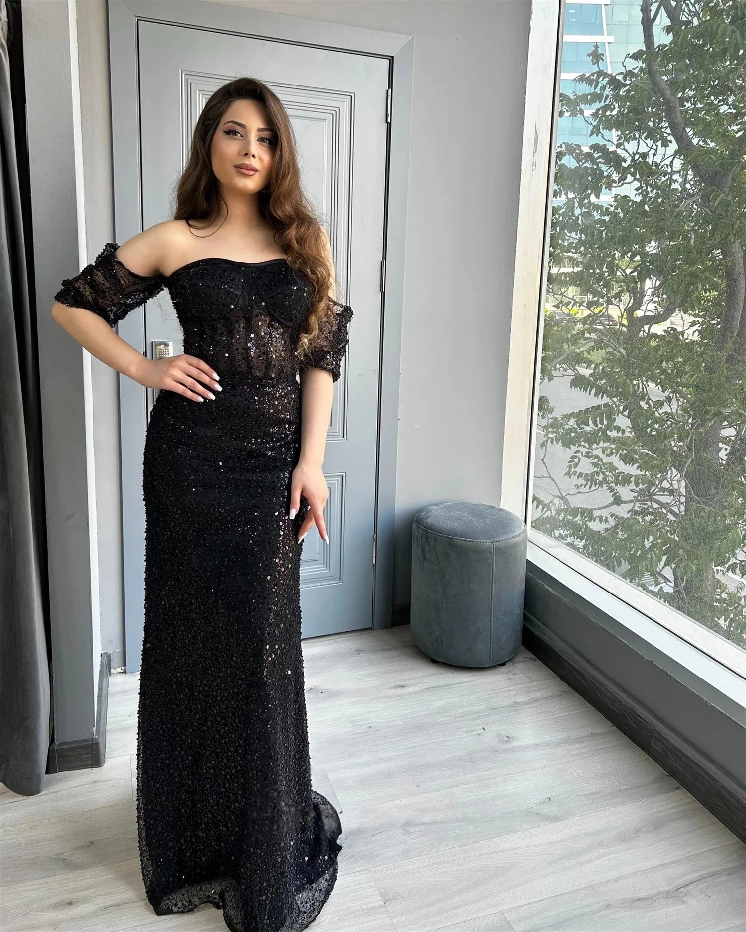 

Black Sequins Party Long Bespoke Occasion Gown Evening Dresses Pastrol Unisex Jersey Retro Dubai Saudi Arabic Prom Customized