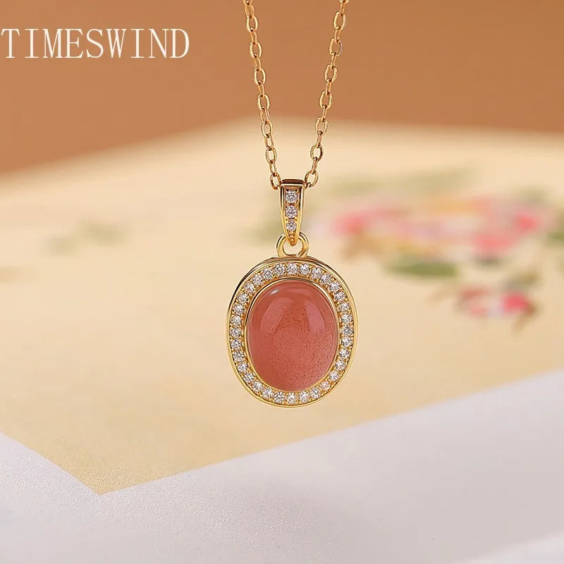 

TIMESWIND Authentic Natural Red Oval-shaped Agate Full Zircon Women S925 Fashion Jewelry Necklace with Certificate