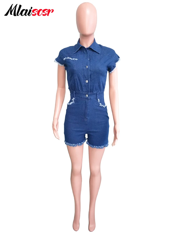 Mlaiscsr Elastic Blue Jeans One Piece Overalls Women Short Sleeve Turn-down Collar Stretch Denim Short Jumpsuit Romper Playsuits