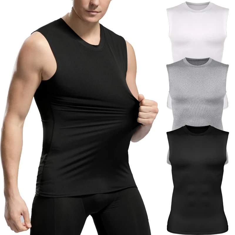 Compressieshirts Heren Mouwloze Tanktop Afslankend Onderhemd Body Shaper Workout Gym Vest Basislaag Atletische T-Shirts Zwart