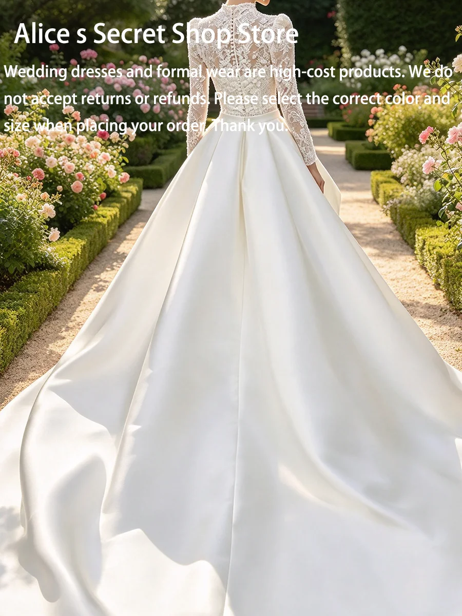 Exquisite High Collar Applique Full Sleeve Slim Detachable Bride Wedding Dresses Bridal Gowns Customized