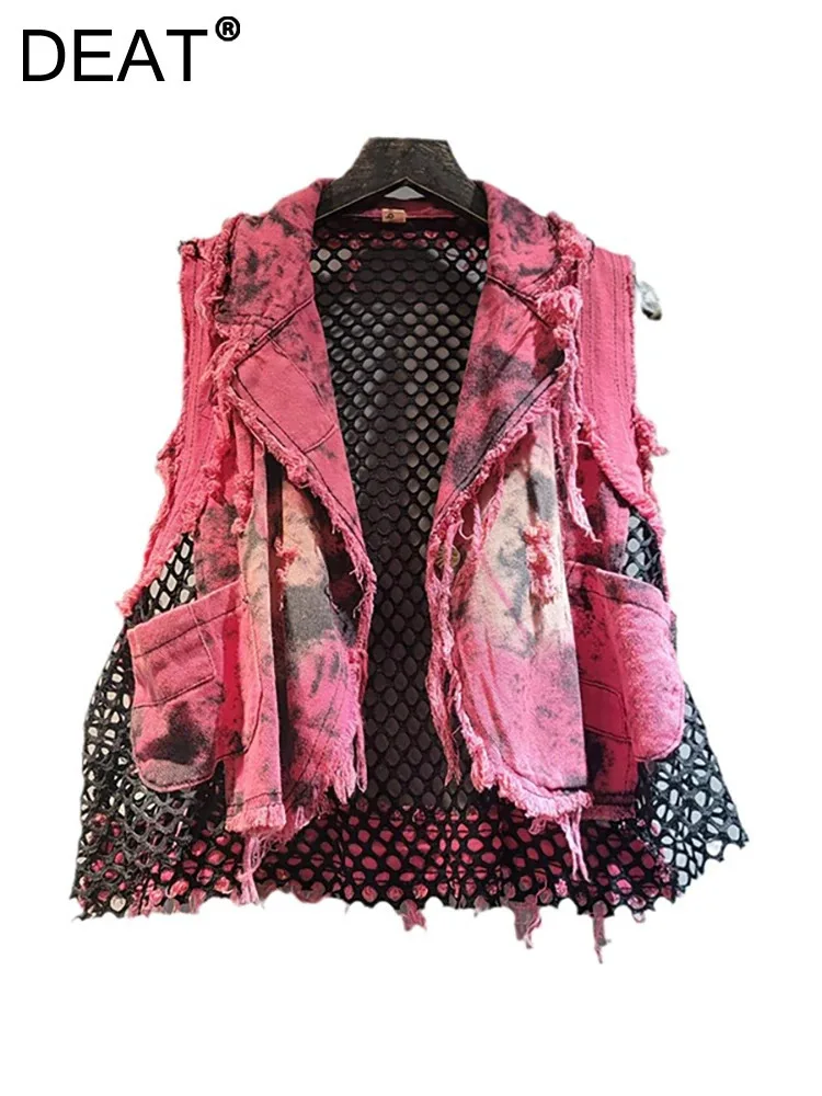 

DEAT Women's Denim Vest Patchwork Loose Washed Tie-dye Hollow Out Unique Design Waistcoat 2024 Autumn New Fashion 29L8163