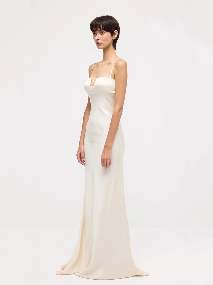 REDDACHiC Satijn Witte Feestjurk Vrouwen Vierkante Beha Backless Hemdje Bodycon Maxi Lange Jurk Bruiloft Gast Elegante Formele Kleding