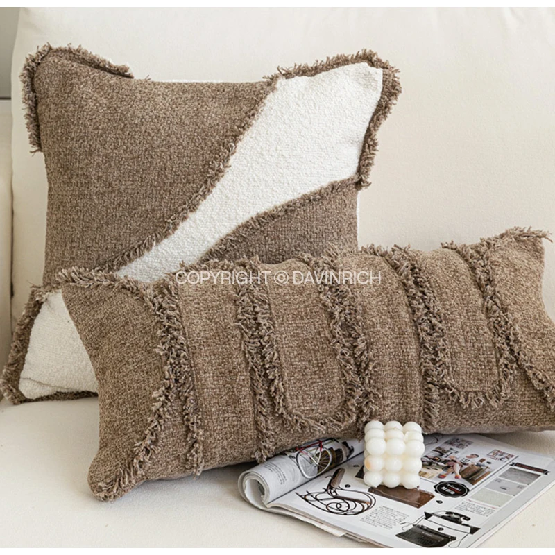 DAVINRICH Premium Modern Wabi-Sabi Style Pillow Case Greige And Cream Two Toned Fringed Cushion Cover For Sofa Or Model Room