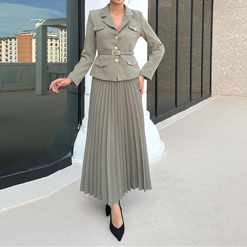 

Dress Sets Women Two Piece Sets Skirt Set Turn Down Collar Blazer Coats Tight Waist Long Skirts Pleated Work Elegant Party