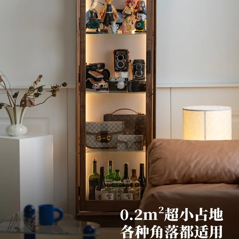 

Solid Wood Figure Blind Box Display Cabinet Living Room Transparent Glass Dustproof Display Wine Cabinet Black Walnut