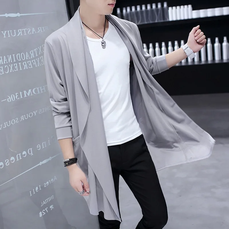 KIDWHXR Herbst Herren Trenchcoat Koreanischer Stil Dünner Einfacher Einfarbiger Cardigan mit Taschen Mittellange Ärmel Bequeme Herren-Oberbekleidung – Detail 3