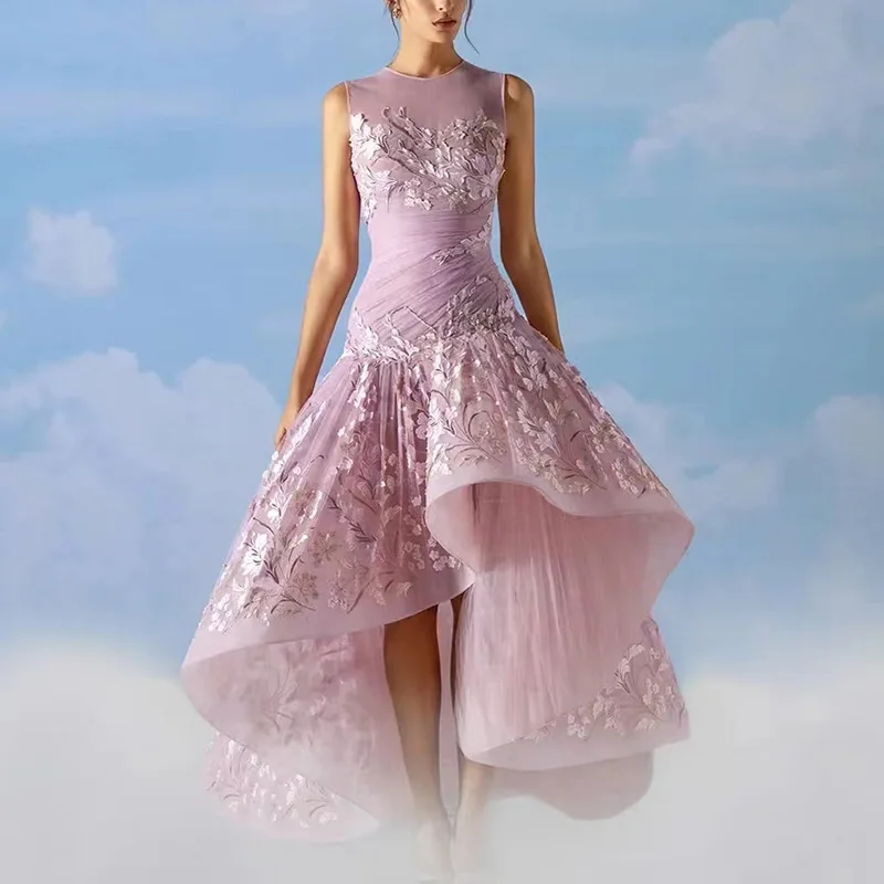

Long High-Low Appliques Prom Dresses for Women O-Neck Floor-Length Asymmetrical Special Events Wedding Gala Evening Party 2023