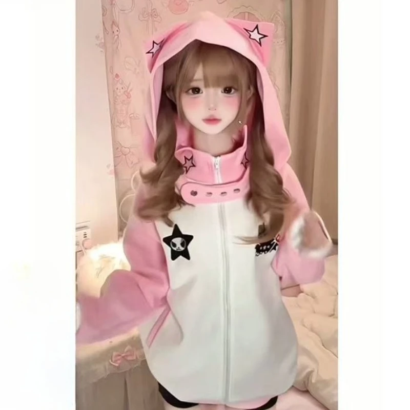 Japanese Kawaii Cat Ears Hooded Hoodies Women Cute Star Pattern Pocket Loose Sweatshirt 2025 Y2k Aesthetic Casual Grunge Hoody