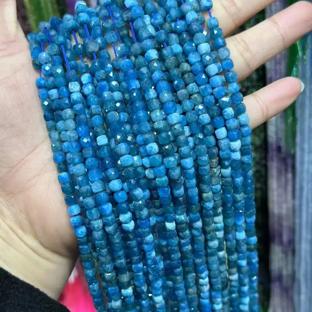 Natural Blue Apatite Gemstone Faceted Cube Loose Beads Making DIY Bracelet Necklace for Jewelry Making Accessories Wholesale