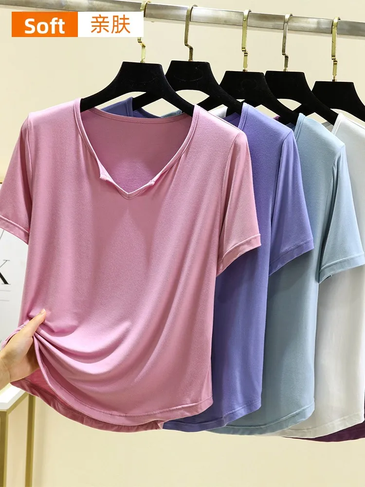 مشروط V-Ne ort Sve تي شيرت المرأة الصيف رقيقة لون نقي فضفاض صالح عادية كبيرة الحجم التخسيس الأعلى يوليو الغزلان العلامة التجارية #1