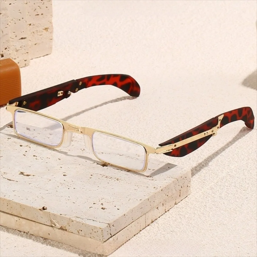 360 Degree Rotating Foldable Reading Glasses Lightweight Metal Square-Frame Anti Blue Presbyopic Glasses Leopard Print with Case