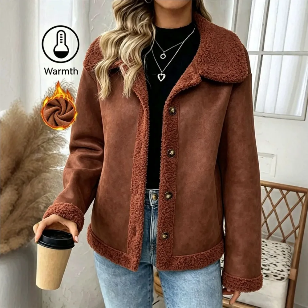 Autumn Winter Imitation Suede Lambswool Cotton Jacket Women's Lapel Single-breasted Plus Velvet Warm Retro Casual Loose Jackets