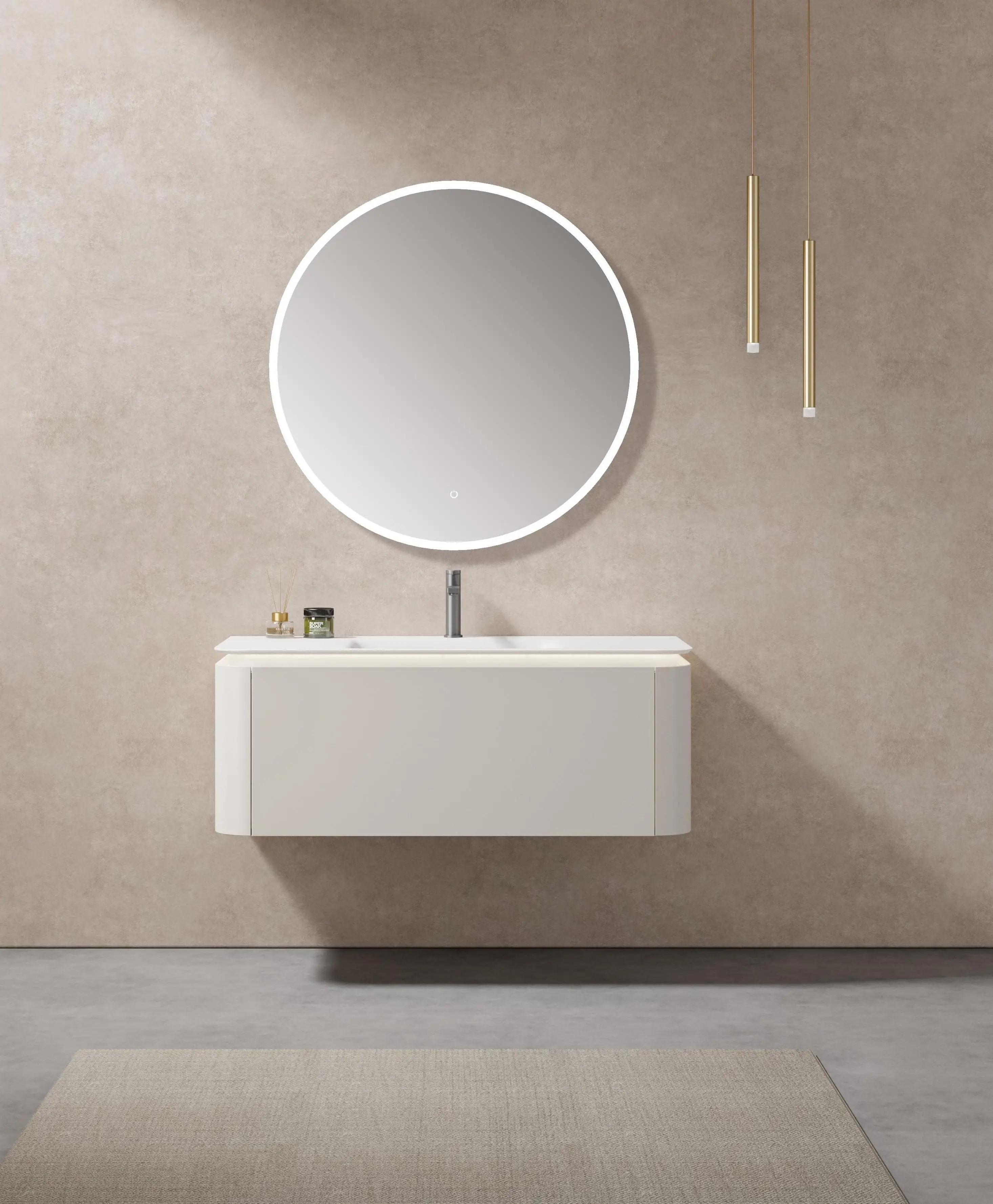Modern Luxury Waterproof LED Bath Mirror Wall Mounted Solid Wood Lacquered Vanity With Ceramic Basin For Home Or Hotel Use