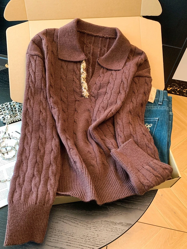 سترة نسائية ذات ياقة بولو بتصميم خريفي وشتوي جديد سميك من العجين المقلي بلوفر مخطط بنمط كسول #4