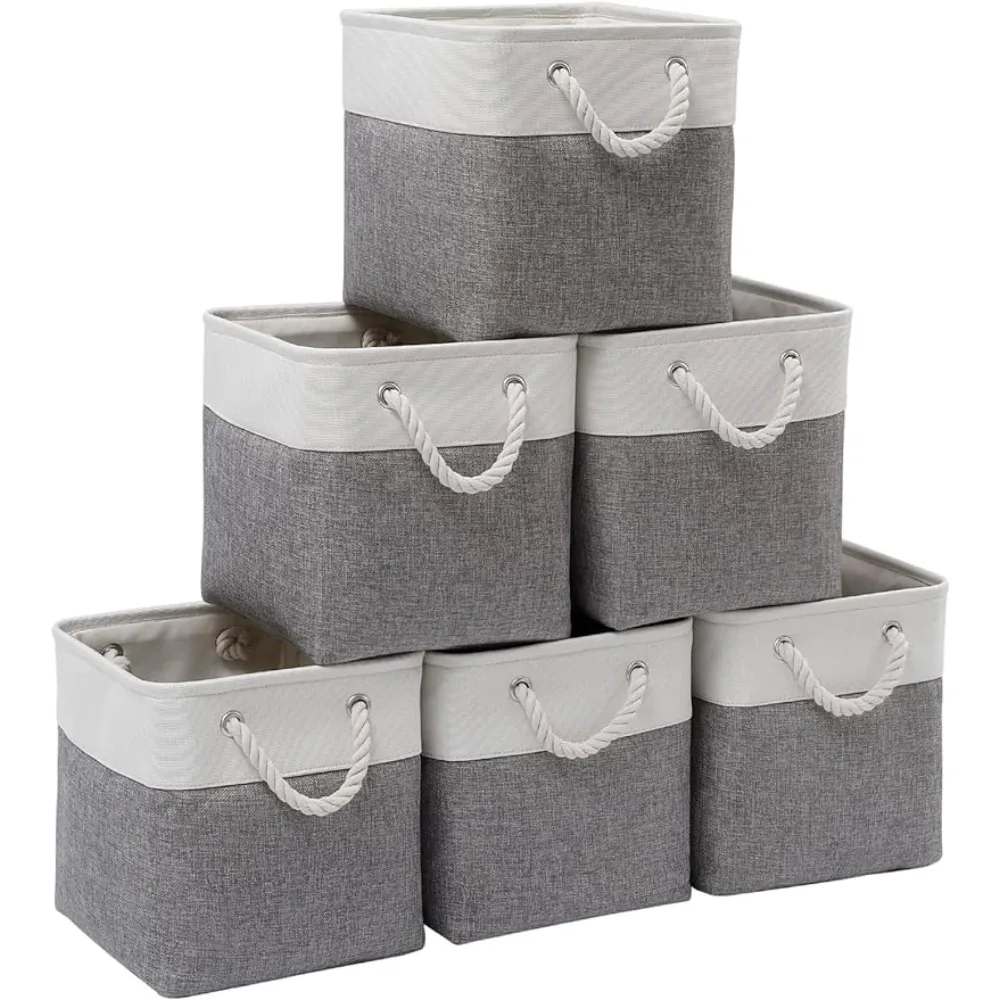 Cube Storage Bins, Collapsible Fabric Cube Storage Bin, 11 Inch Cube Storage Bins Handles, Storage Cubes (White/ Gray, 6Pack)