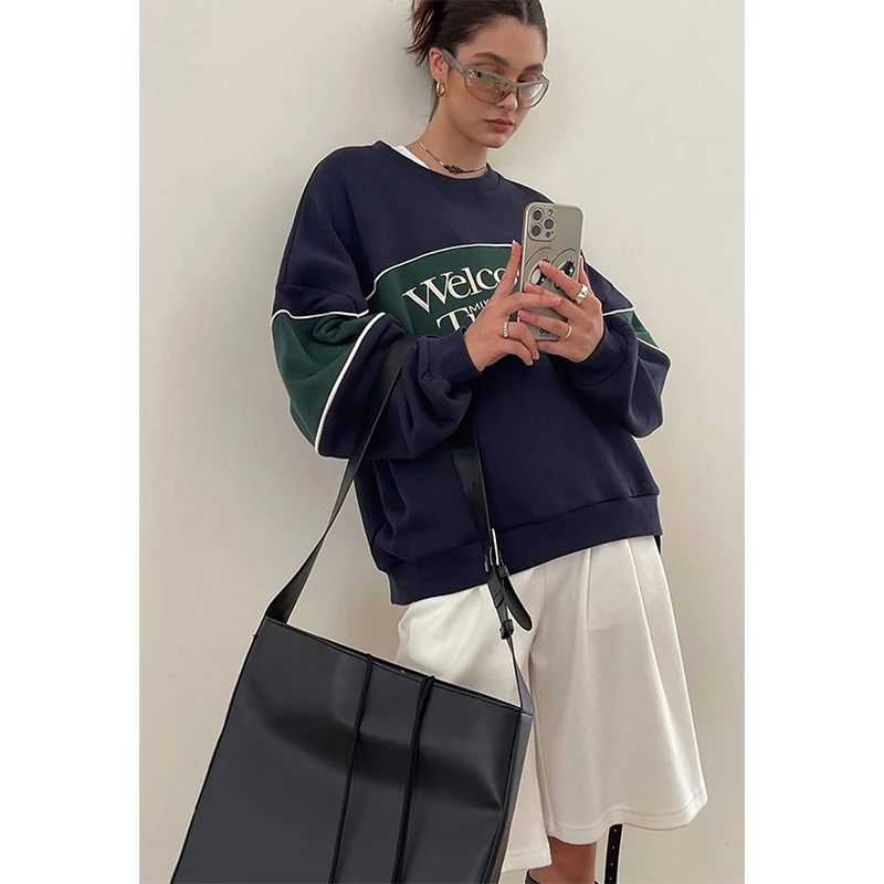 MEXZT Streetwear Sweatshirt Women Oversized Letter Print Pullovers Vintage Korean Patchwork Loose Casual All Match Hoodies Tops