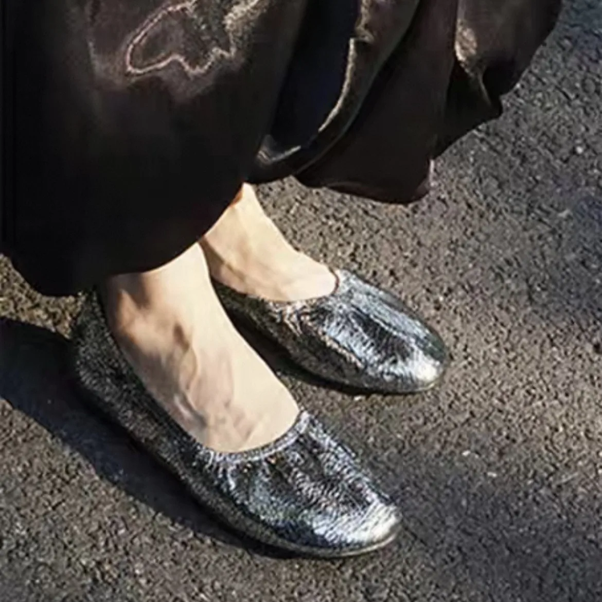 French Comfort Cracked Texture Ballet Flats Women Summer Space Silver Soft Flat Grandma Shoes