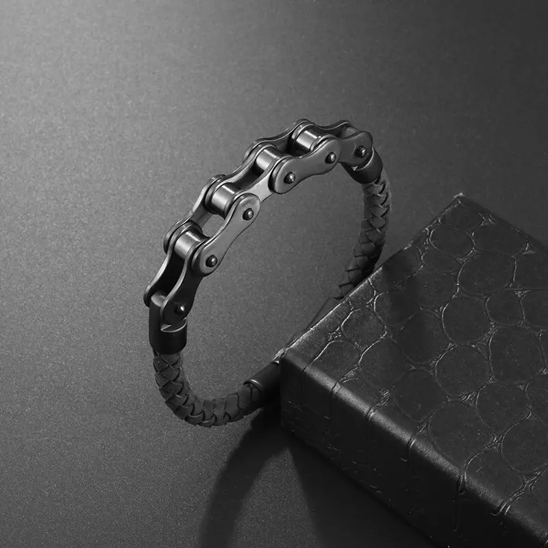 Punk Rock Men\\\\\'s Vintage Black Bicycle Chain Bracelet Bicycle Motorcycle Leather Bracelet Bracelet Ghost Rider Jewelry