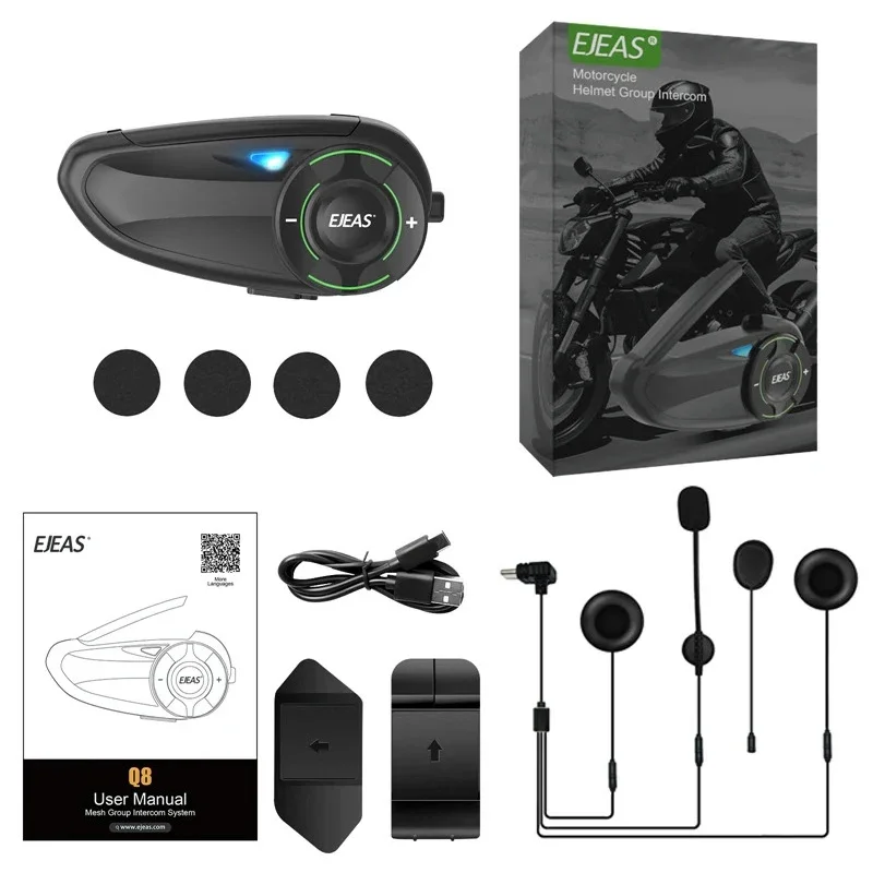 2026 Q8 Motorcycle Mesh Intercom with EUC Remote Walkie Talkie Bluetooth Interphone Headset for 6 Riders with Bluetooth 5.1