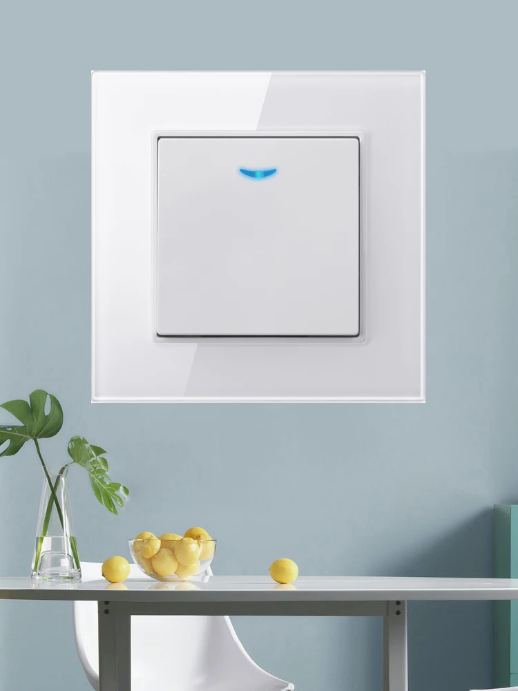 Coswall-Joli mural avec plaque de verre, interrupteur d'impulsion à Cristal, bouton poussoir à contact momentané, rétroéclairage bleu, 1 gang, 1 voie