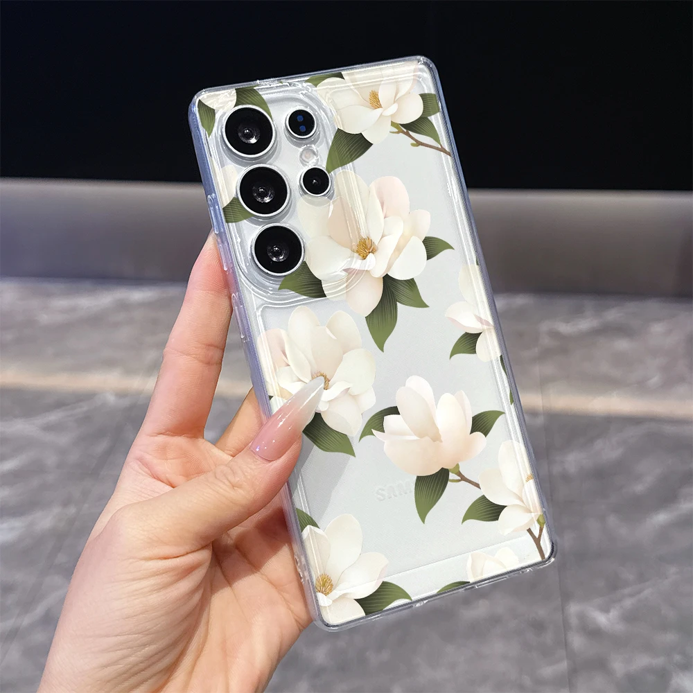 White Magnolia Cluster Clear Soft TPU Back Cover For Samsung Galaxy S26 S25 S24 FE A15 A55 A57 Shockproof Phone Case