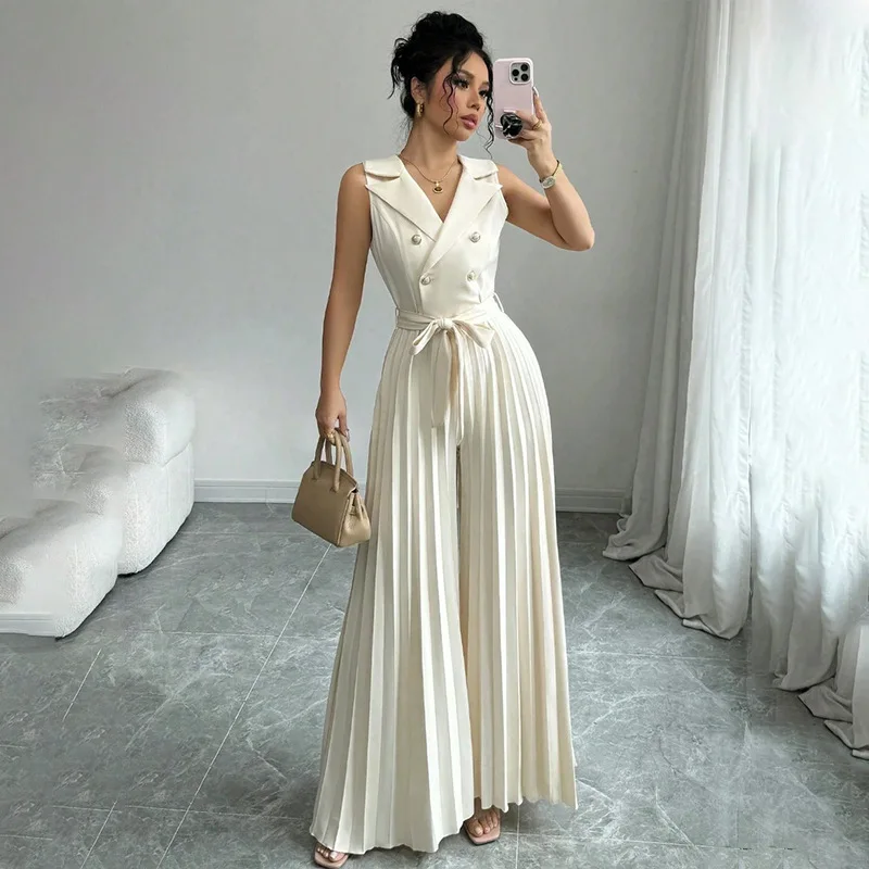

Chic Workwear Style Pleated Long Jumpsuit with Belt Waist Cinching Full Skirt Design Bow Tie Collar Women Casual Jumpsuit