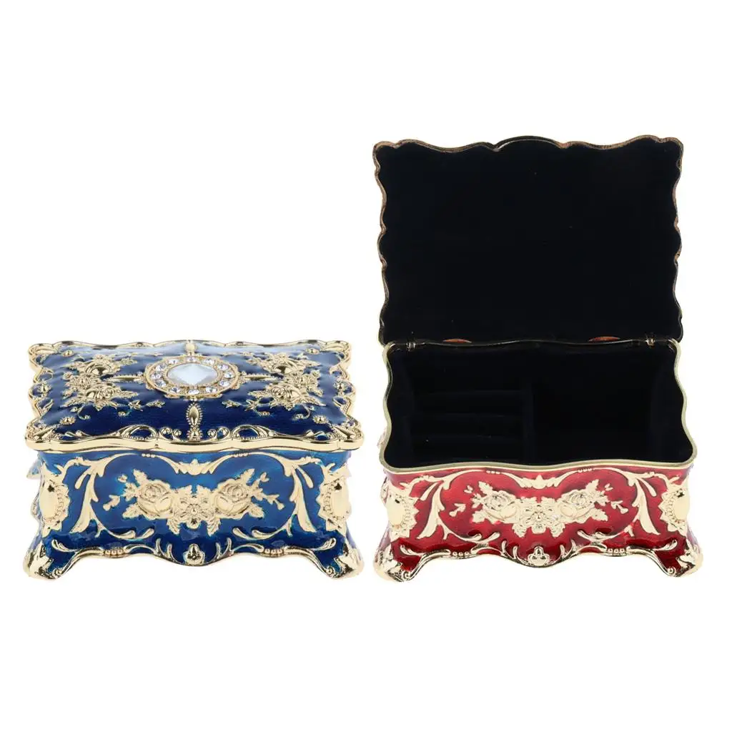 Vintage Rectangle Trinket Box Zinc Alloy Jewelry Case Blue Ribbon Lift Compartments for Jewelry Display