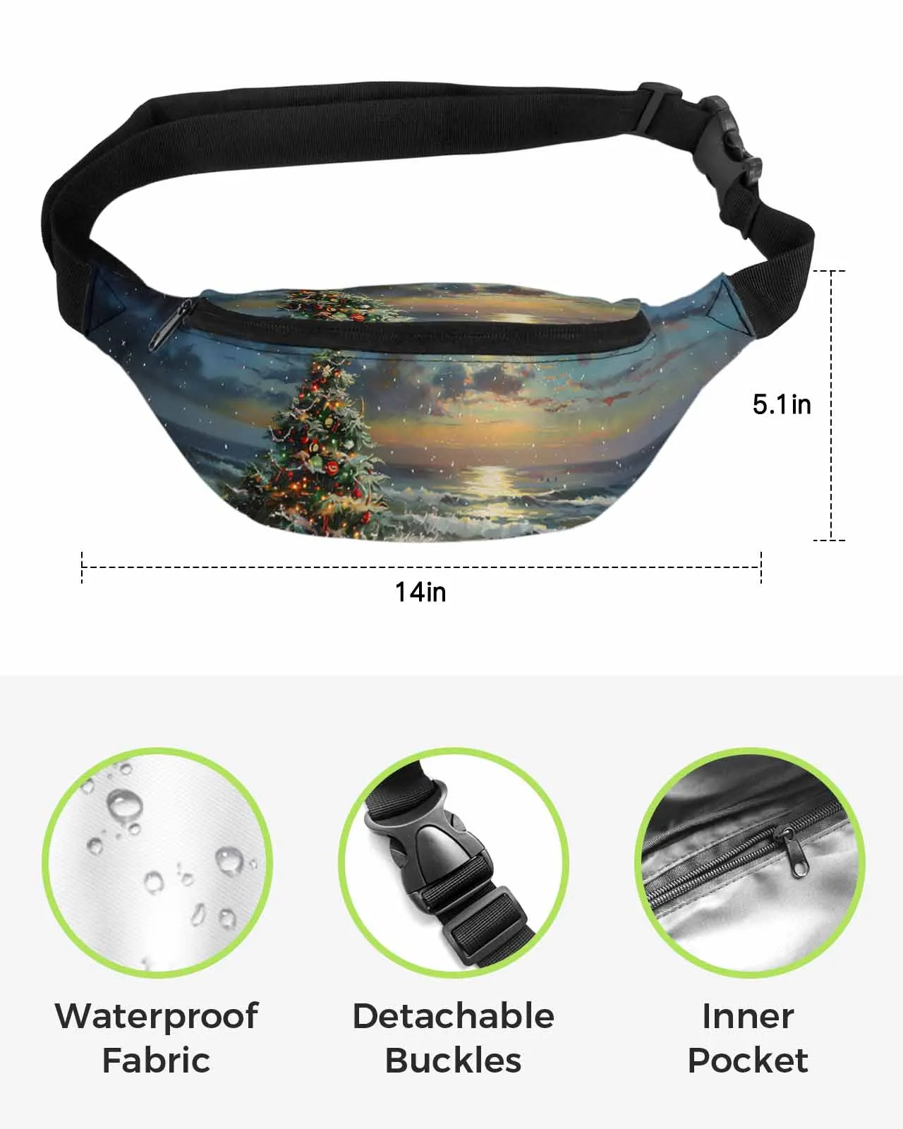 Christmas Beach Christmas Tree Sunset  Men Women Waist Bag Fanny Pack Phone Belt Bag Wallet Pouch Waterproof Banana Hip Bags