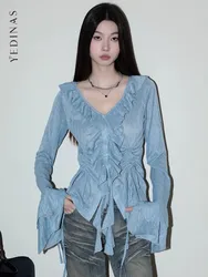 Yedinas Fairycore Style Blue Blouse Women Long Sleeve Turn-down Collar Women Shirt Lace Up Ladies Tops Korean Fashion Chic