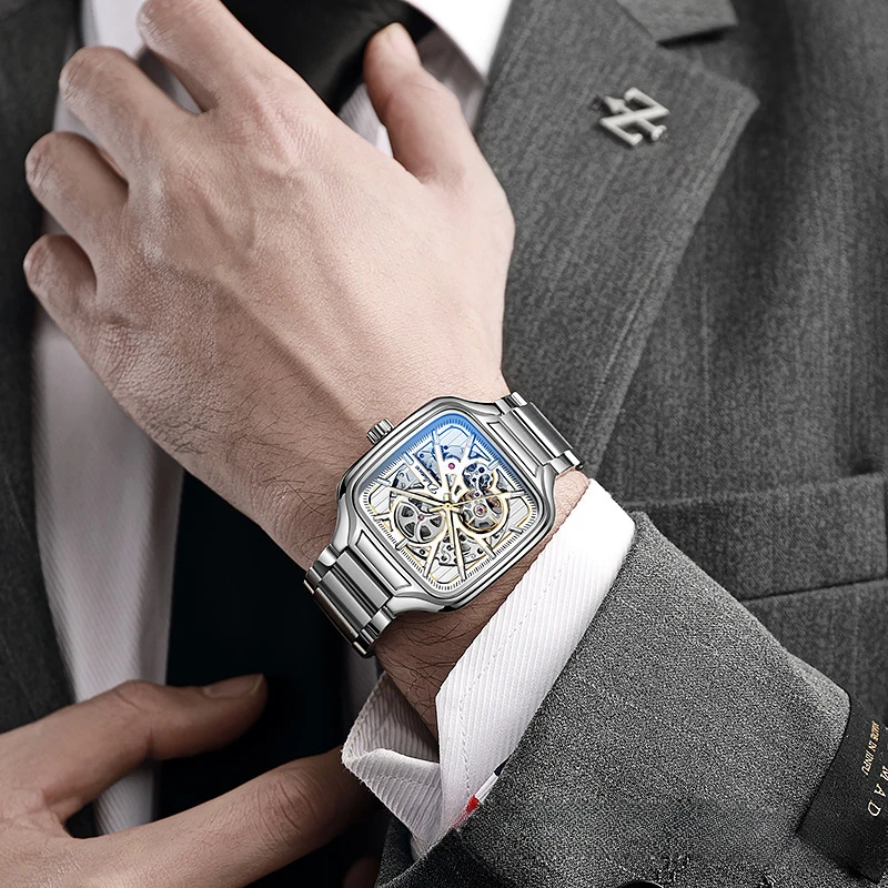 New Small Square Fully Automatic Mechanical Men's Watch Hollow Waterproof Fashion Trend Student Simple Quartz Watch Luxury Gift