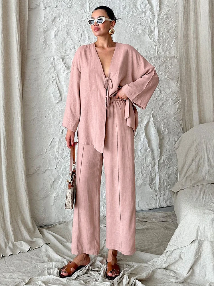 HiLoc Casual Solid Linen Long Pants Pajamas Suits Women Fashion V-Neck Loose Lace-Up Blouses Pink Wide Leg Pants Sleepwears 2024