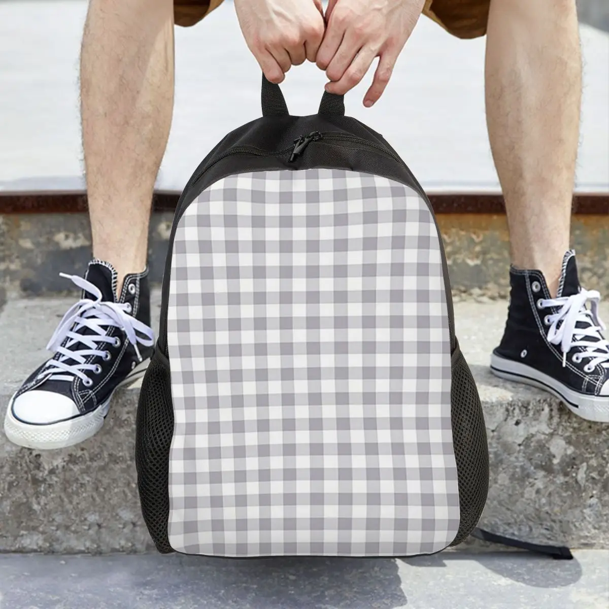 

Gray And White Gingham Backpack Hot Sale Daypack Large Capacity Children BookBag School Bag Shoulder Bags for Men Women