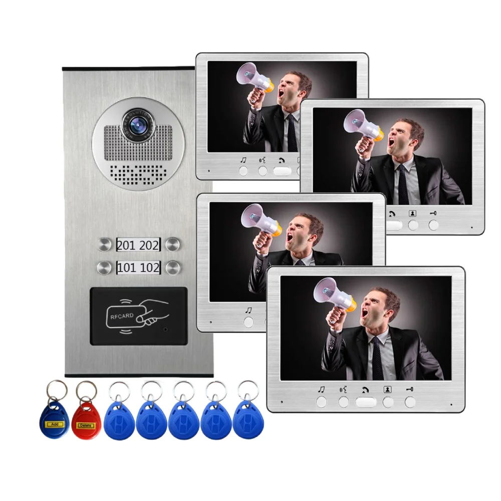 4F/6F/8F Apartment/Family Video Door Phone Intercom System 7 inch Building Doorbell System Inductive ID Card