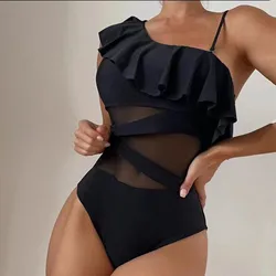 Women'S Swimsuits Plus Size Leaf Mesh Hollowed Out Single Shoulder Fly Edge Solid Color Women'S Swimsuit купальник женский